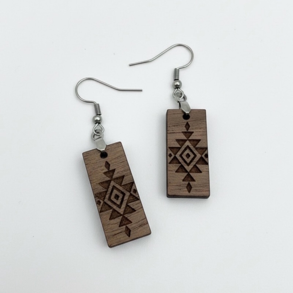 Handmade Wooden Rectangle Earrings | Southwestern Tribal Geometric Design | Boho
